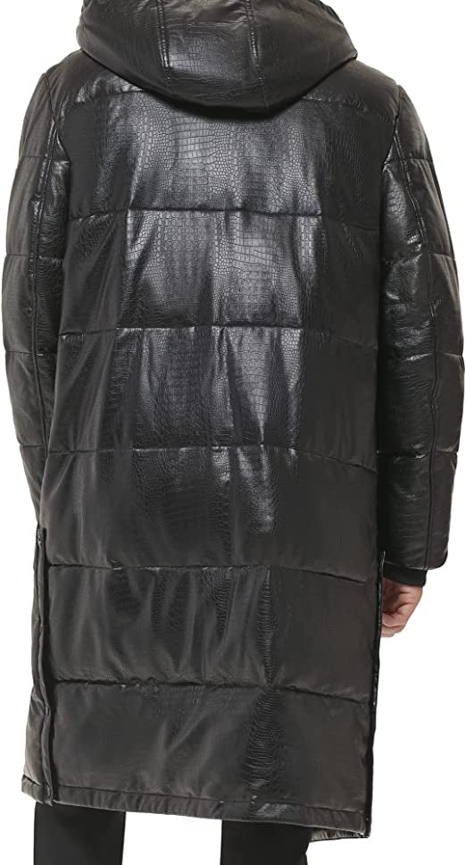 Men’s Black Snakeskin Texture Trench Puffer Leather Coat