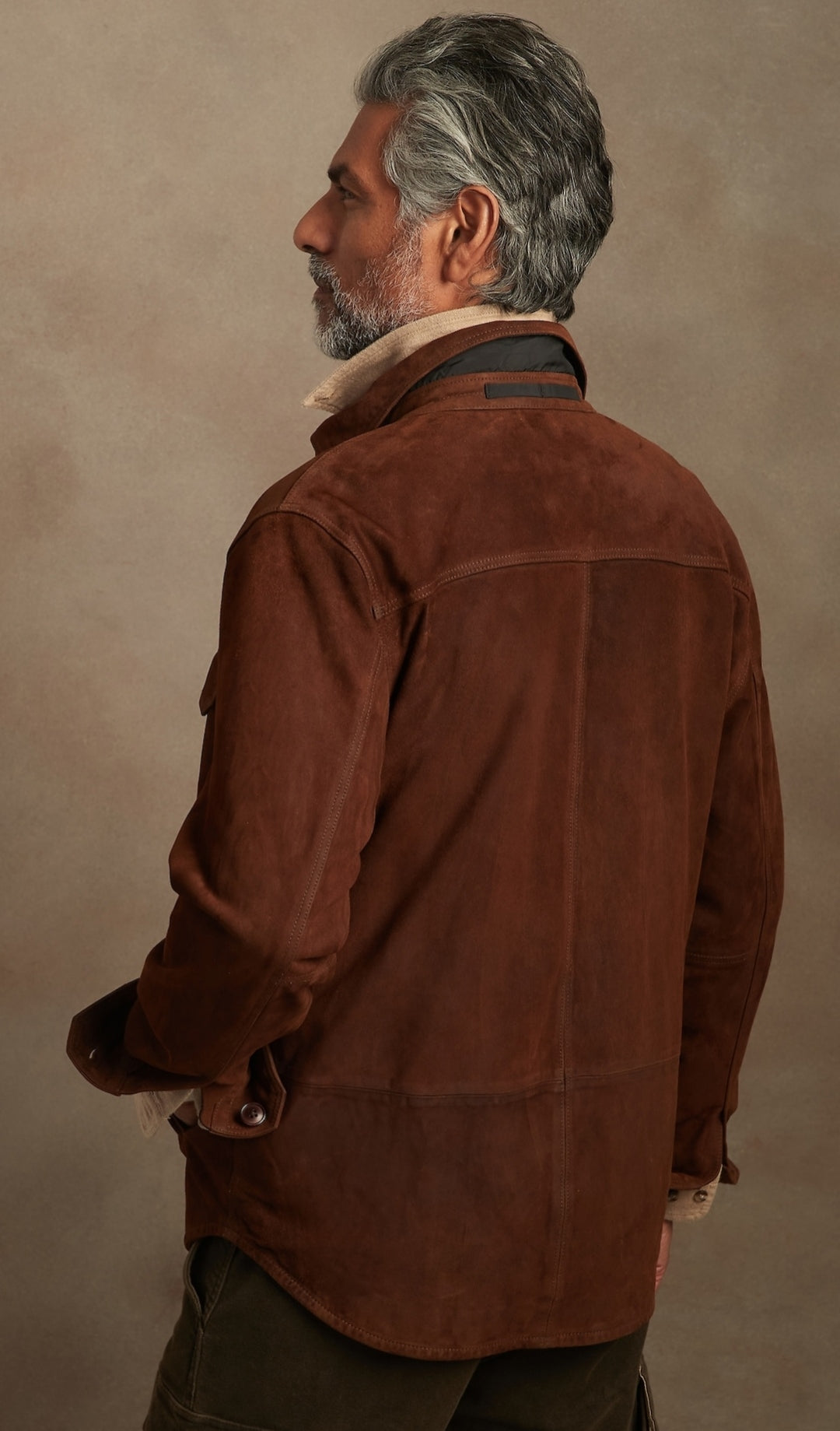 Men’s Dark Brown Suede Trucker Leather Shirt