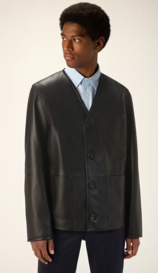 Black Cowhide Leather V-Neck Shirt