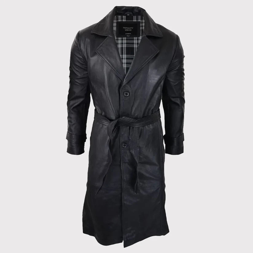 Men’s 80s Punk Style Long Black Leather Jacket – Vintage Belted Coat