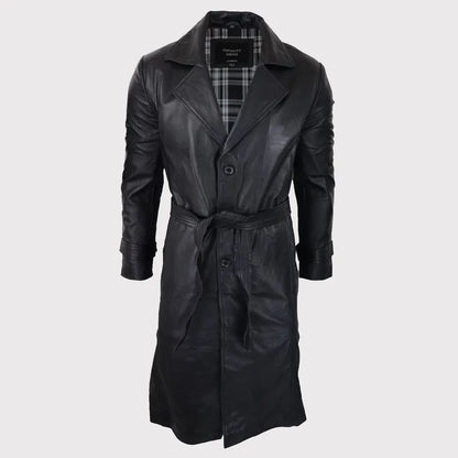 Men’s 80s Punk Style Long Black Leather Jacket – Vintage Belted Coat