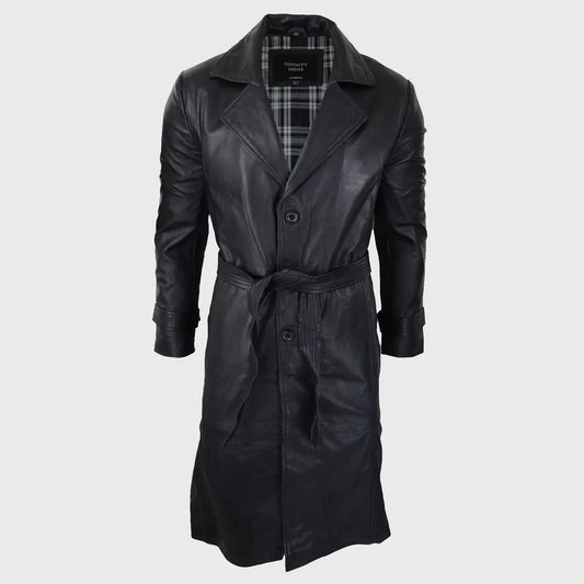Men’s 80s Punk Style Long Black Leather Jacket – Vintage Belted Coat