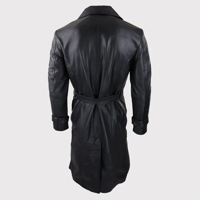 Men’s 80s Punk Style Long Black Leather Jacket – Vintage Belted Coat