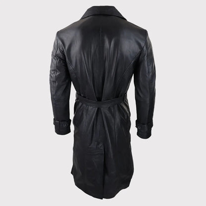 Men’s 80s Punk Style Long Black Leather Jacket – Vintage Belted Coat