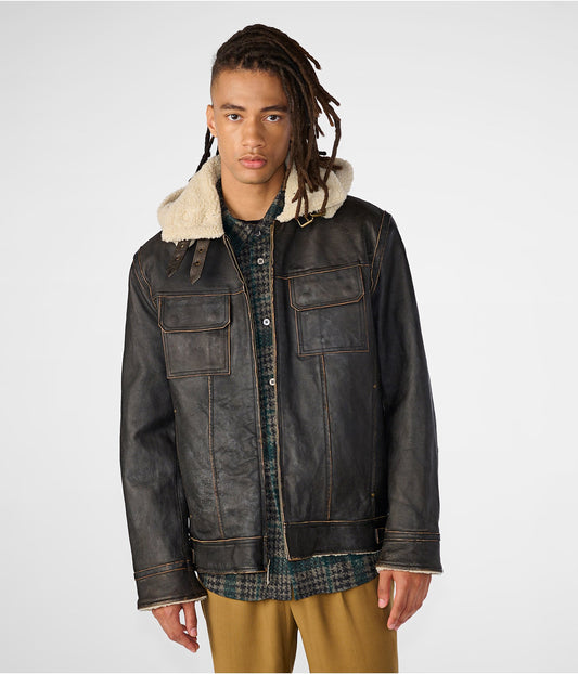 Men’s Black Shearling Leather Jacket with Removable Hood