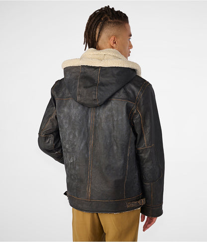 Men’s Black Shearling Leather Jacket with Removable Hood