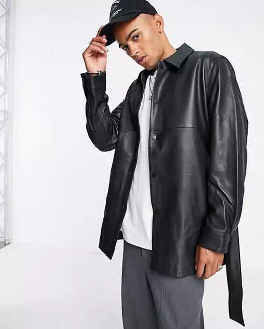 Men's Black Belted Leather Shirt