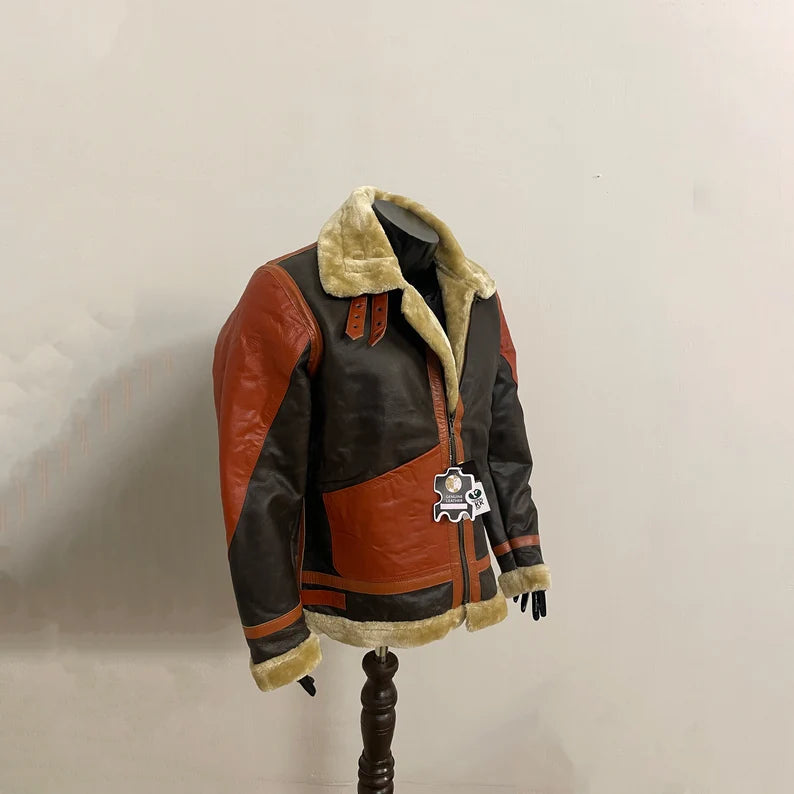 Men’s RAF B3 Shearling Bomber Jacket – Brown WWII Aviator Flying Leather Jacket, Handmade Sheepskin Outerwear