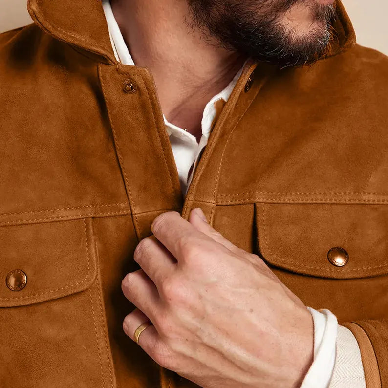 Men’s Handmade Brown Suede Leather Jacket – Goatskin Button-Down Biker Style