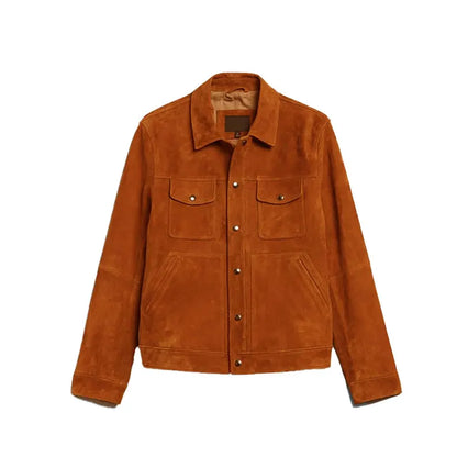 Men’s Handmade Brown Suede Leather Jacket – Goatskin Button-Down Biker Style