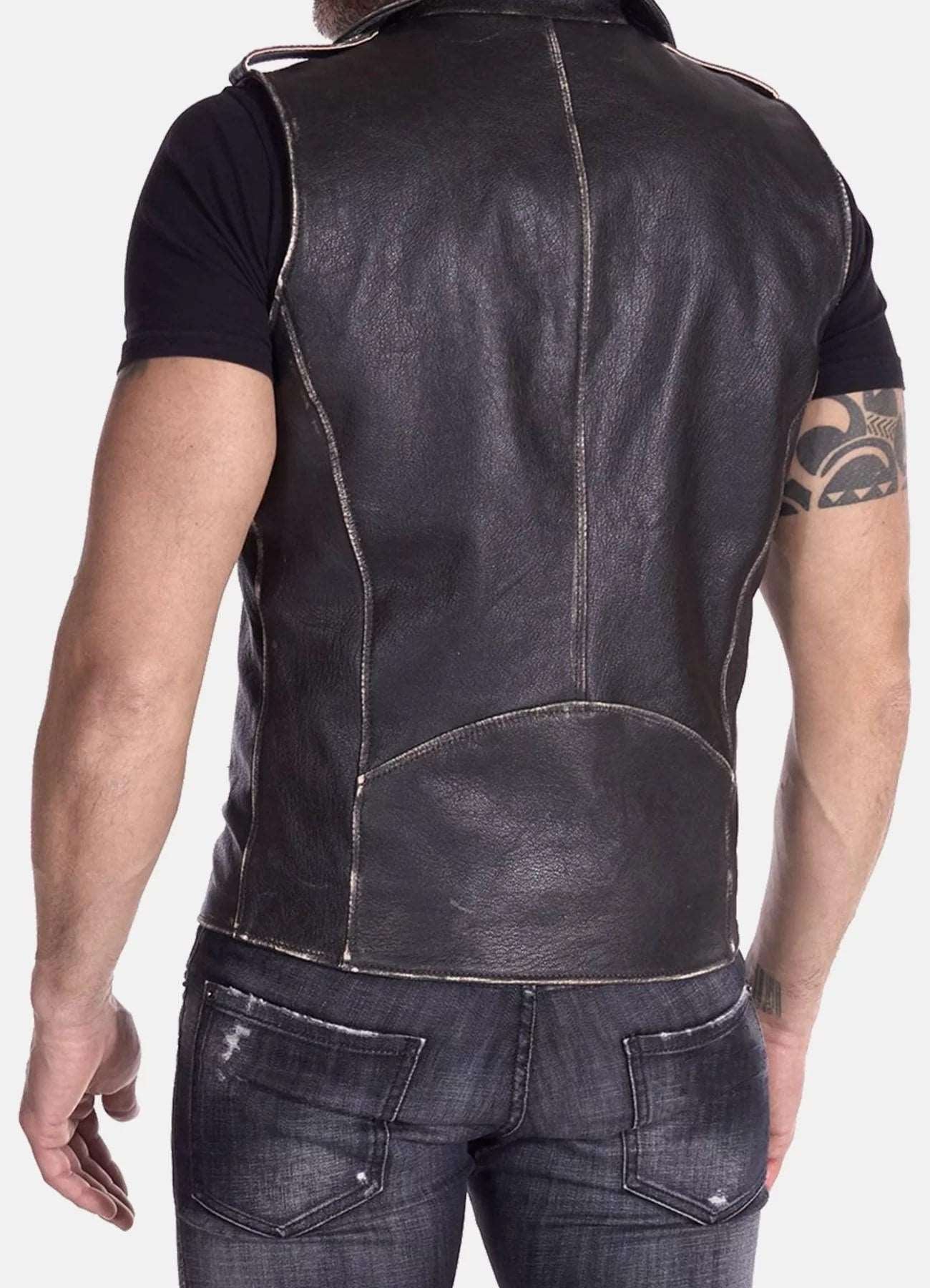 Men's Black Distressed Leather Biker Vest