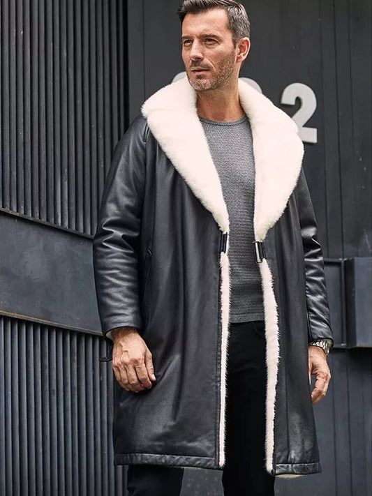 Men’s Matte Black Double-Faced Shearling Leather Coat