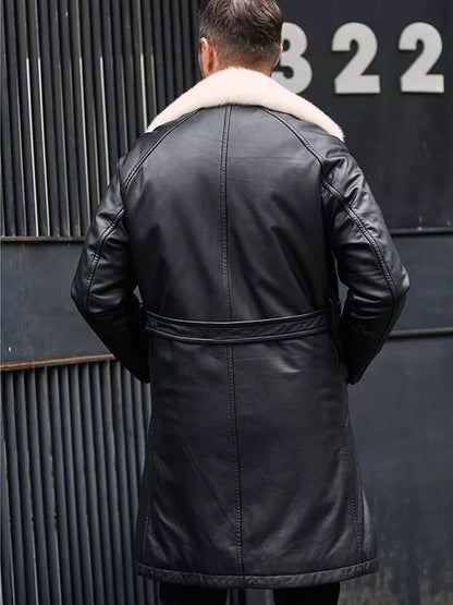 Men’s Matte Black Double-Sided Shearling Leather Coat – Reversible & Stylish