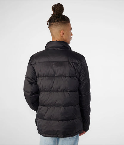 Men’s Black Puffer Jacket with Band Collar – Lightweight Winter Outerwear