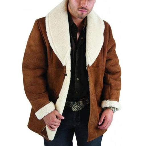 Men’s Brown Shearling Suede Leather Jacket – Marlboro Sherpa-Style Winter Coat with Faux Fur Lining