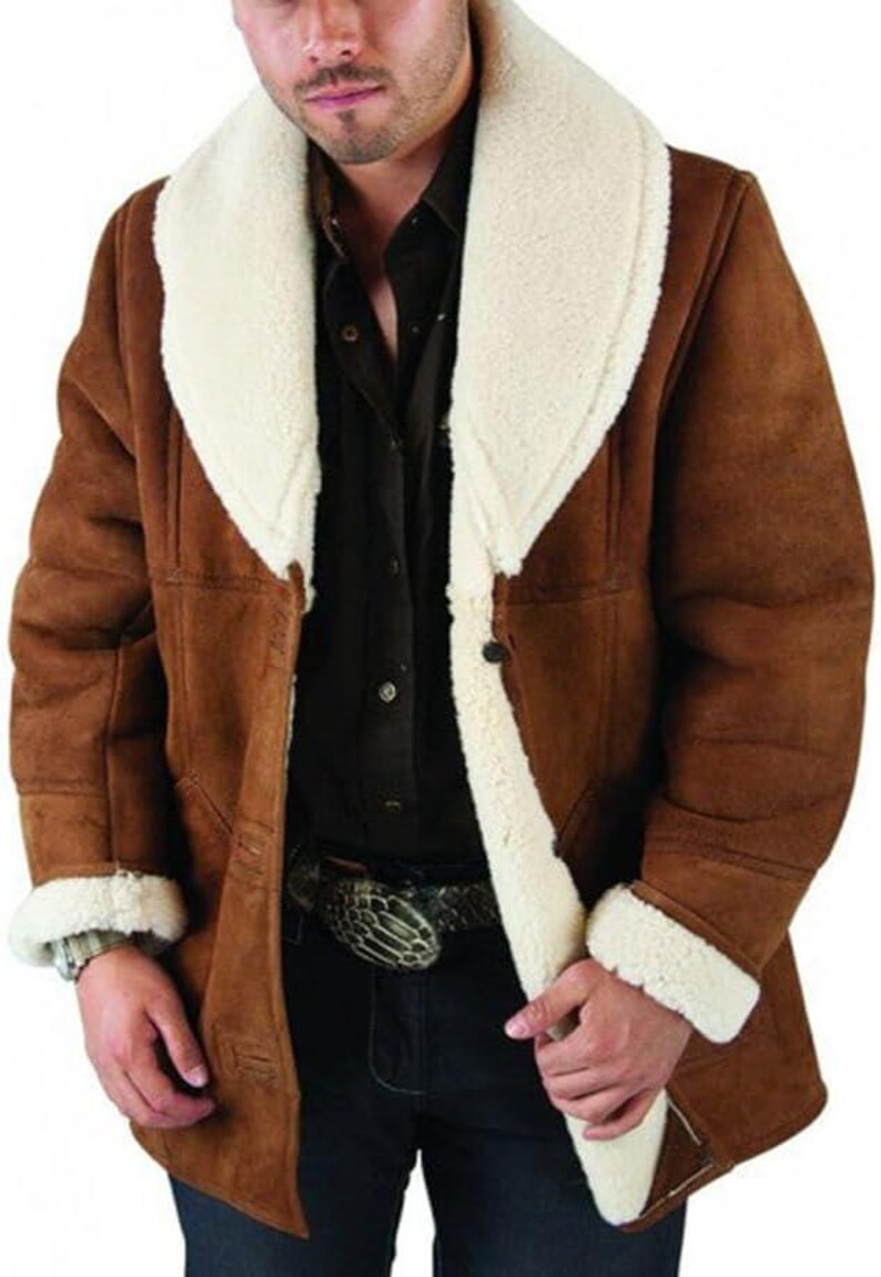 Men’s Brown Shearling Suede Leather Jacket – Marlboro Sherpa-Style Winter Coat with Faux Fur Lining