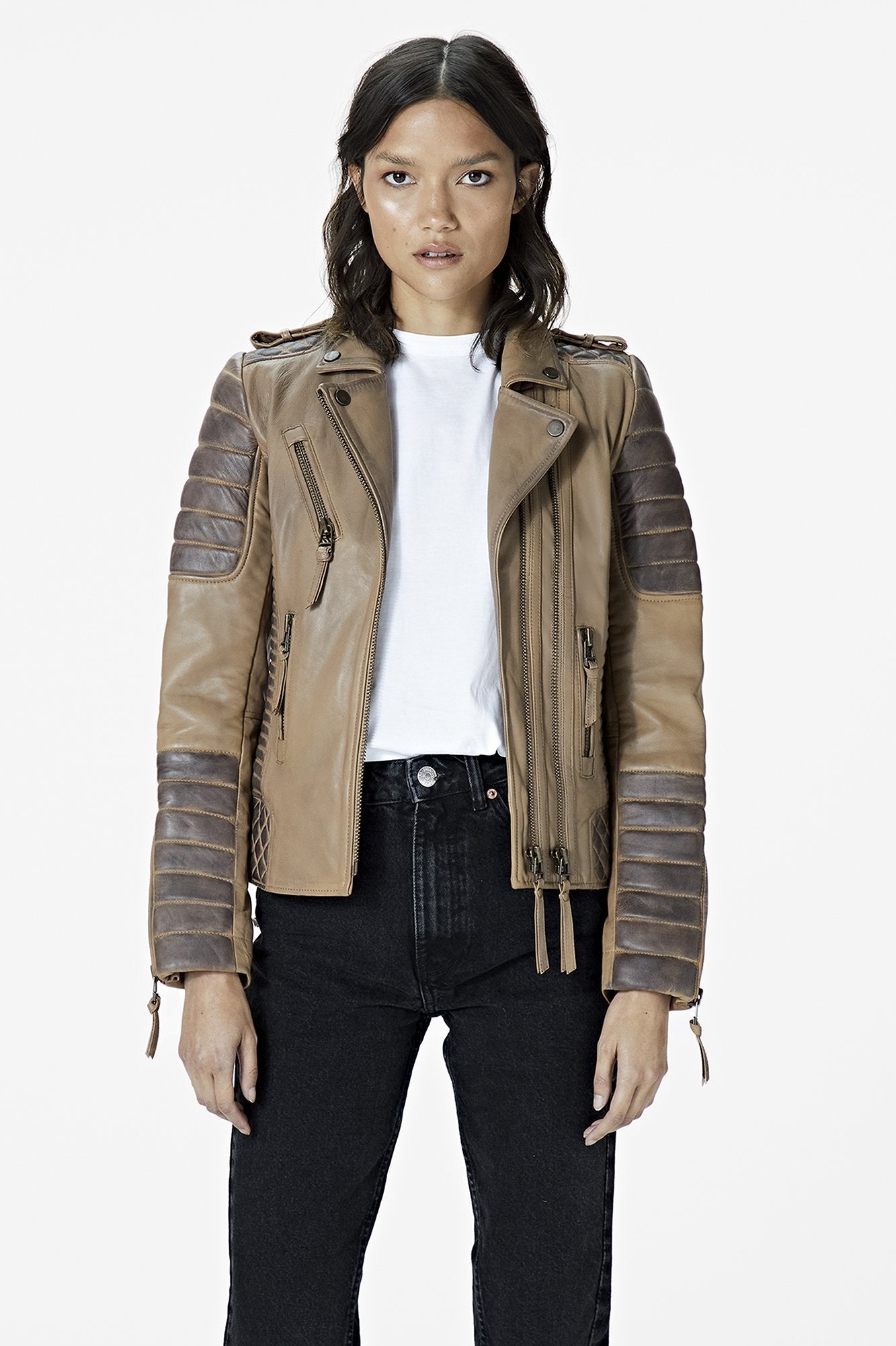 Beige Café Racer Leather Jacket for Women with Gray Quilted Sleeves