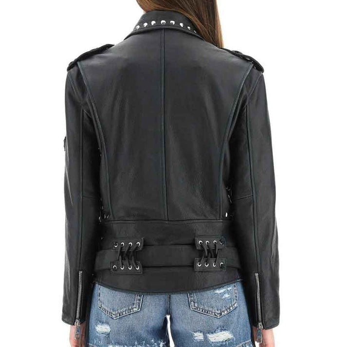 Black Belted Studded Leather Jacket for Women