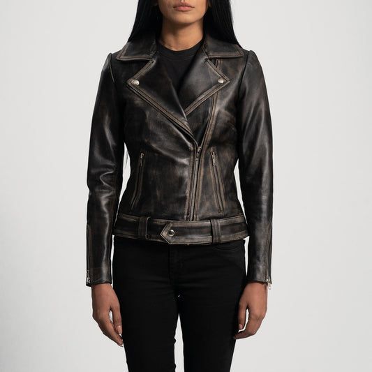 Women's Black Distressed Biker Leather Jacket – Edgy & Stylish