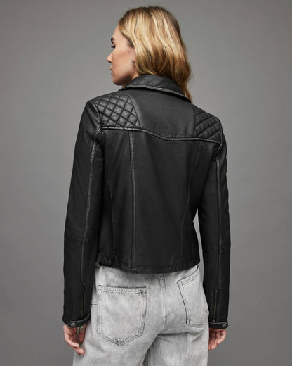 Women's Black Leather Biker Jacket with Quilted Shoulders
