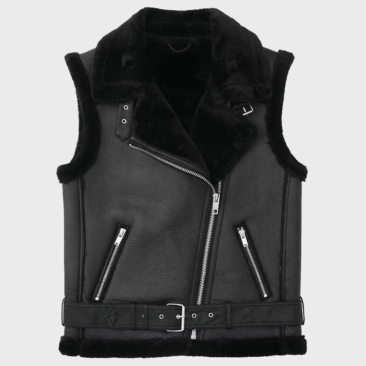 Black Biker Shearling Leather Vest with Belted Waist