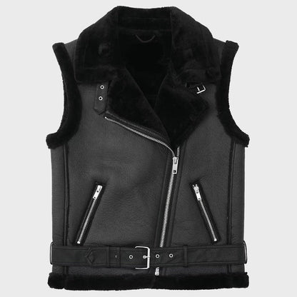 Black Biker Shearling Leather Vest with Belted Waist