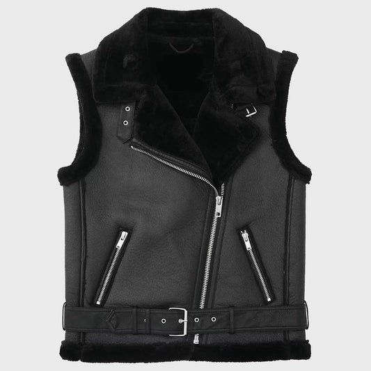 Black Biker Shearling Leather Vest with Belted Waist