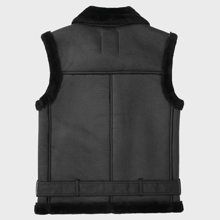 Black Biker Shearling Leather Vest with Belted Waist
