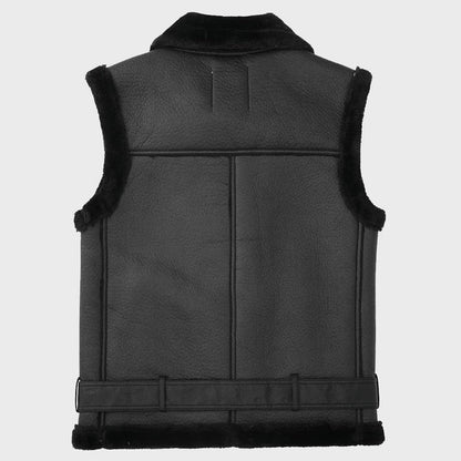 Black Biker Shearling Leather Vest with Belted Waist