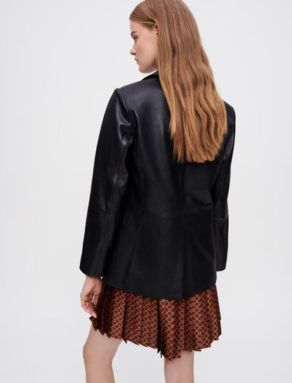 Elegant Women's Black Leather Blazer – Classic & Stylish Jacket