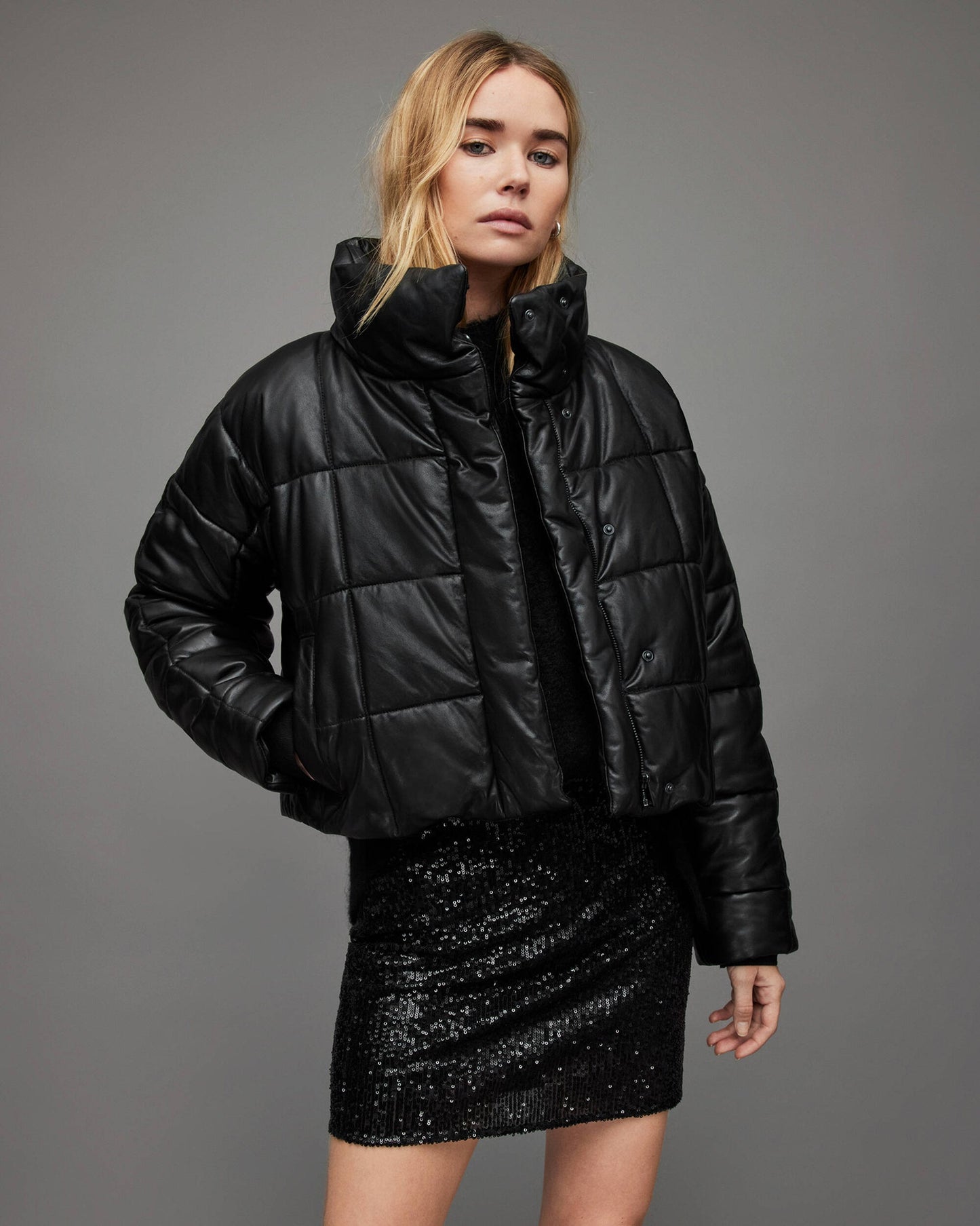 Women's Black Puffer Leather Jacket with Turtleneck – Warm & Stylish