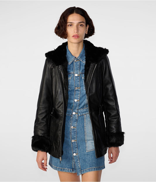 Women's Black Shearling Leather Bomber Jacket
