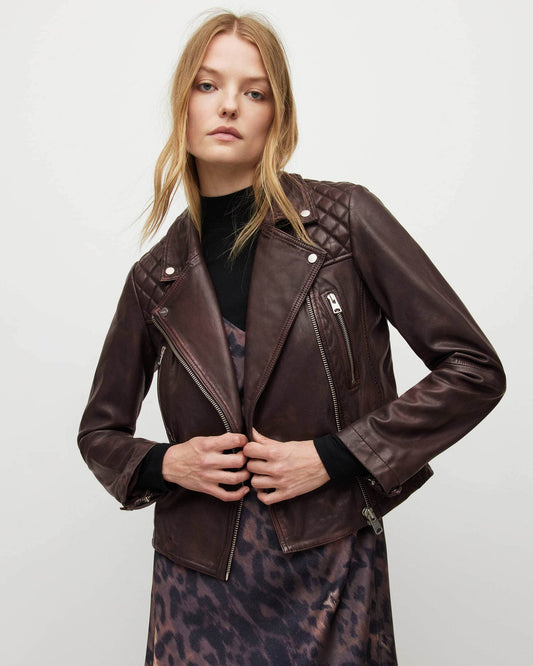 Women's Distressed Mahogany Red Leather Biker Jacket