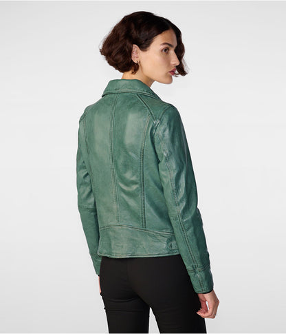 Sea Green Distressed Leather Biker Jacket for Women
