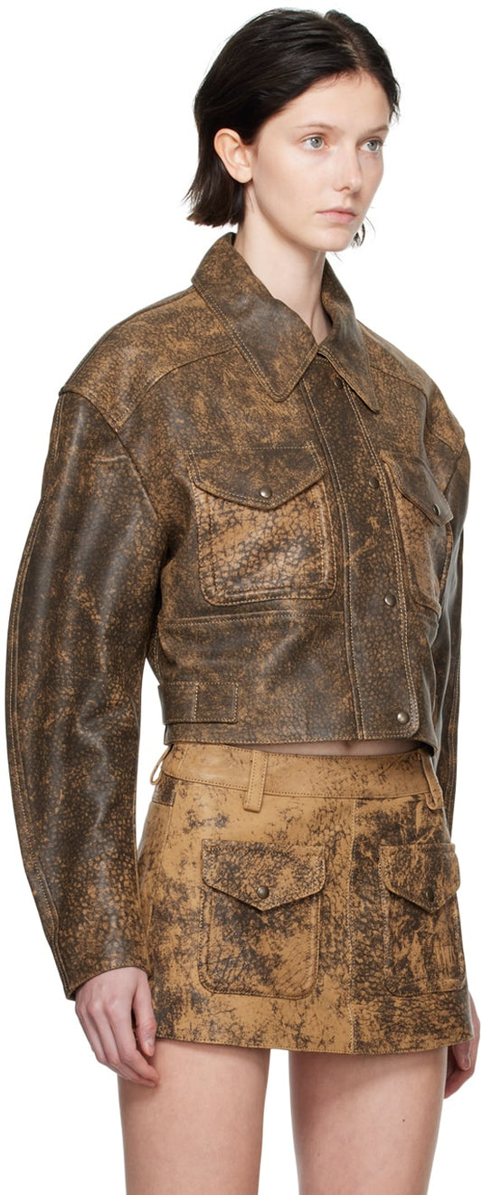 Rustic Rebel Women's Dark Brown Distressed Trucker Leather Jacket