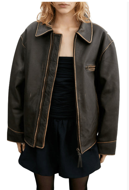 Dark Brown Distressed Vintage Leather Biker Jacket for Women