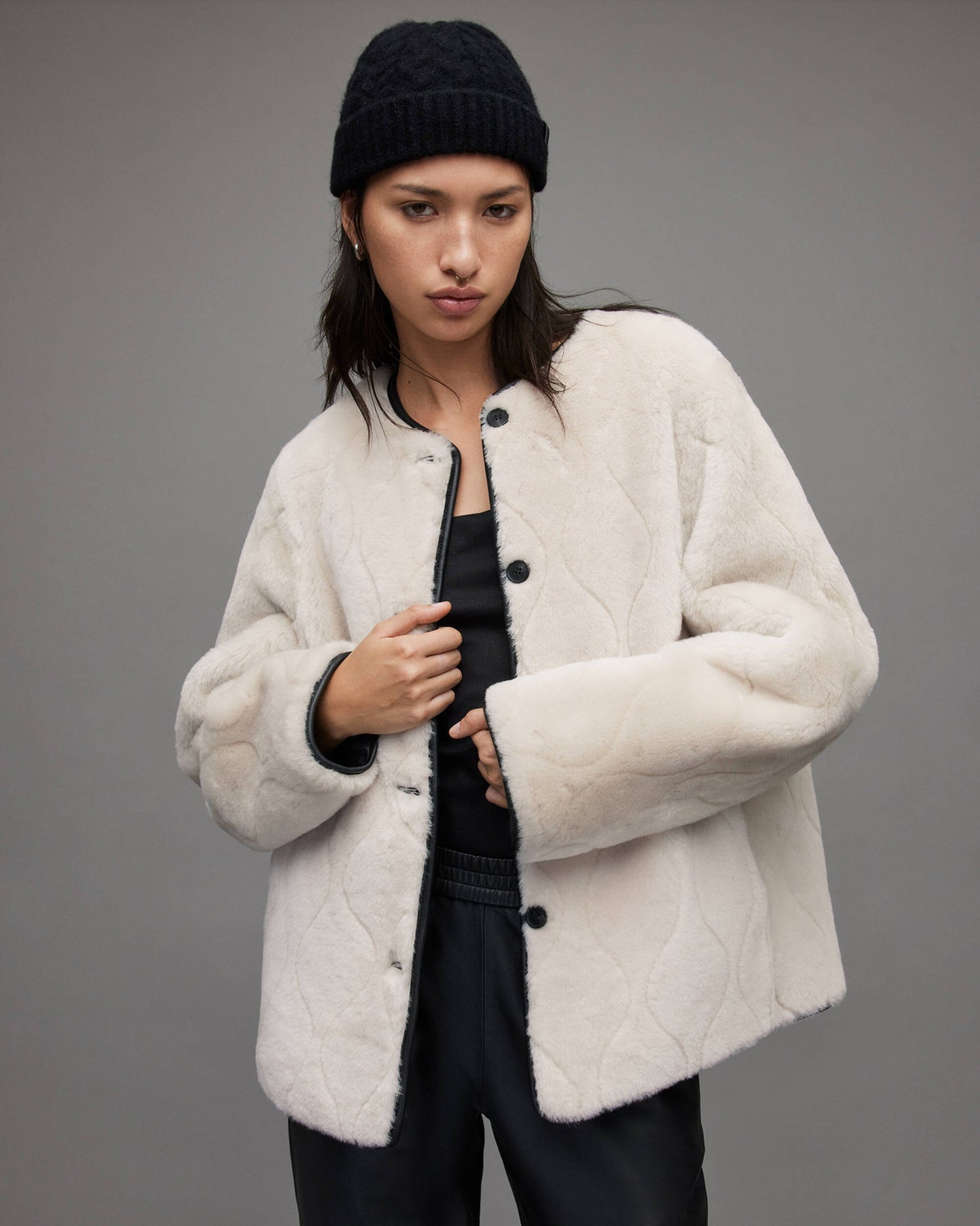Women’s Black Leather & White Shearling Jacket – Reversible & Stylish