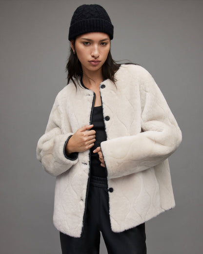 Women’s Black Leather & White Shearling Jacket – Reversible & Stylish