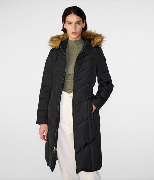 Black Fur Hooded Puffer Trench Coat for Women