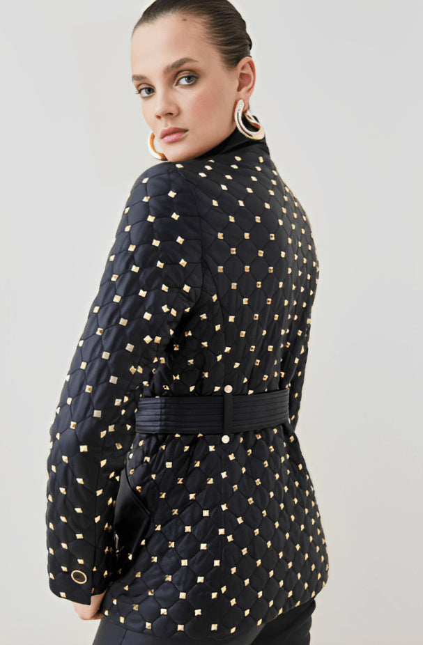 Black Leather Blazer for Women with Gold Studded Detailing
