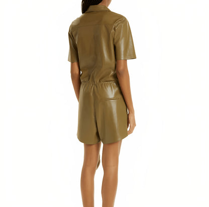 Women's Khaki Leather Romper with Half Sleeves – Chic & Trendy