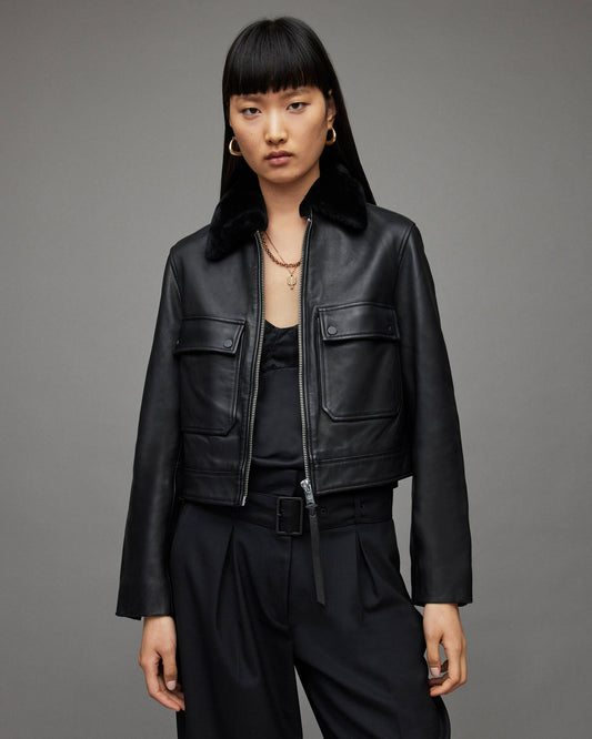 Women's Harrington Leather Jacket with Shearling Collar