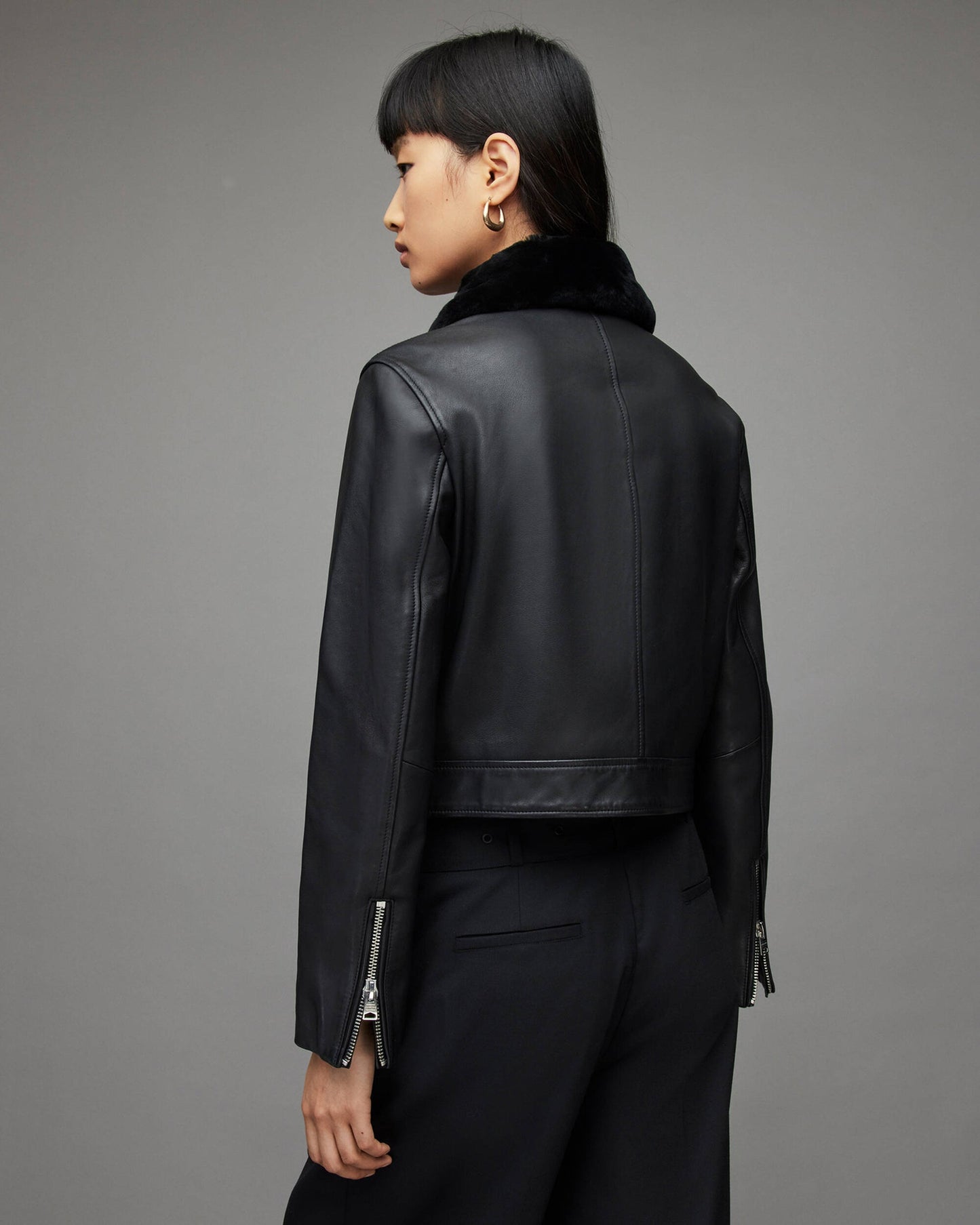 Women's Harrington Leather Jacket with Shearling Collar