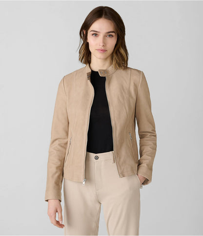 Women's Beige Leather Moto Jacket – Chic & Edgy