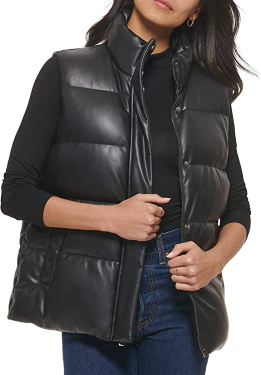 Black Leather Puffer Vest for Women