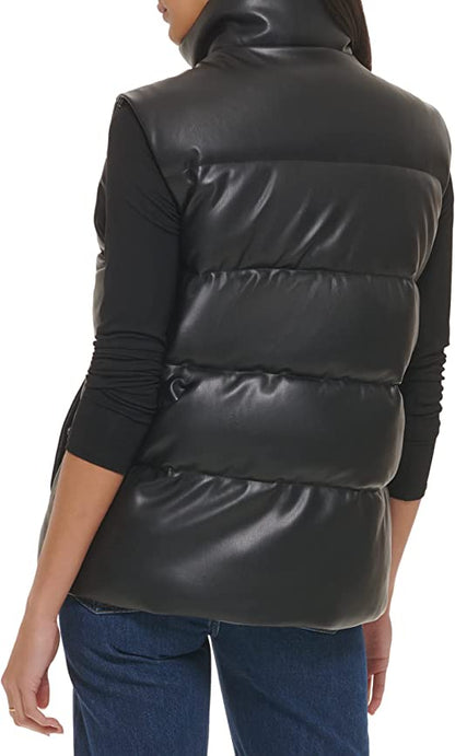 Black Leather Puffer Vest for Women
