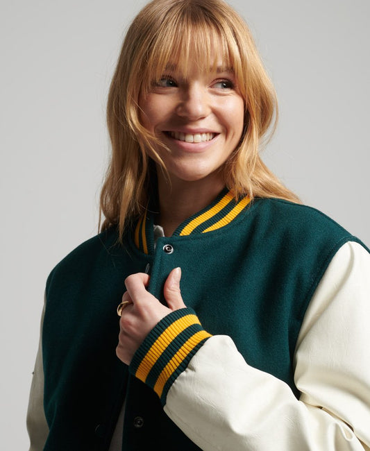 Sea Green & White Letterman Bomber Leather Jacket for Women