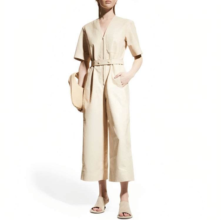 Beige Leather Jumpsuit for Women with Half Sleeves