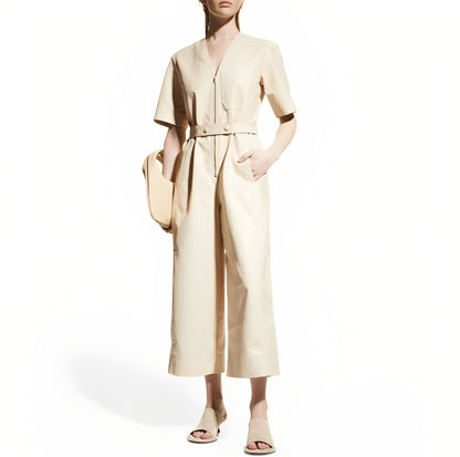 Beige Leather Jumpsuit for Women with Half Sleeves