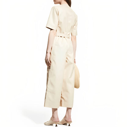 Beige Leather Jumpsuit for Women with Half Sleeves